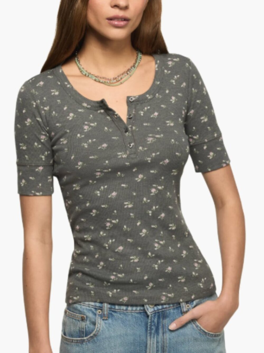 Lucky Brand Floral Ribbed Henley Top Gray Pink Size S